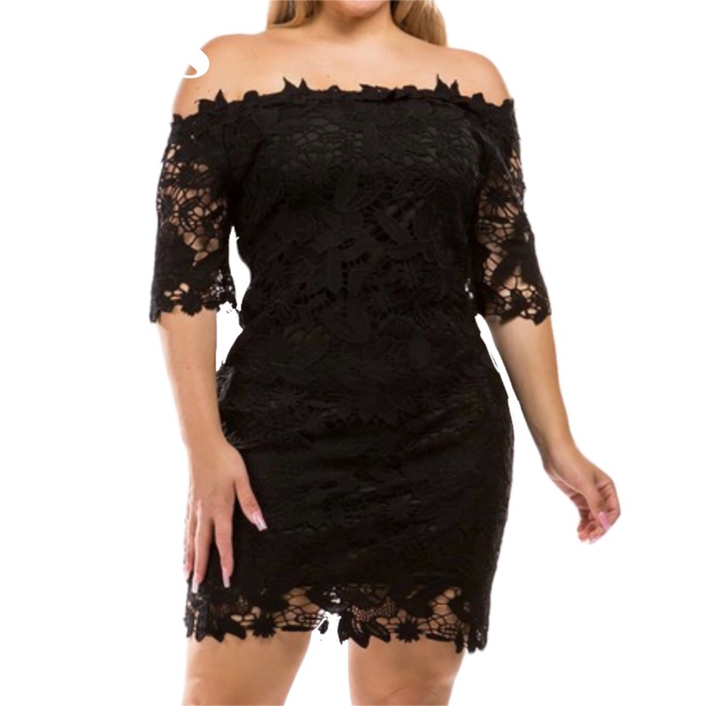 Plus Size Off Shoulder Floral Crochet Mini Dress